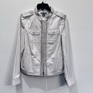 Ann Taylor Womens Beige Embellished Military Utility Jacket Size 14 Studded Chic